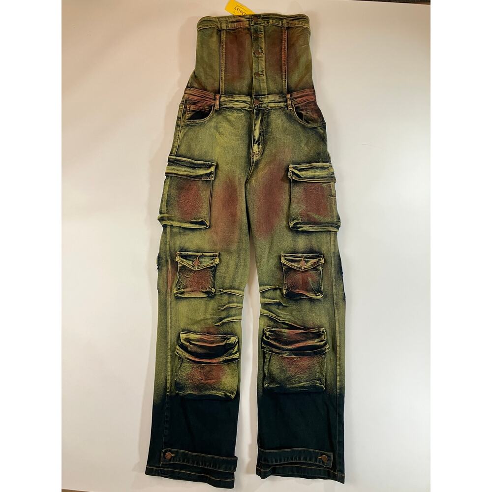 Daisy Women's XL Strapless Cargo Denim Jumpsuit Multicolor Acid Wash Y2K NWT